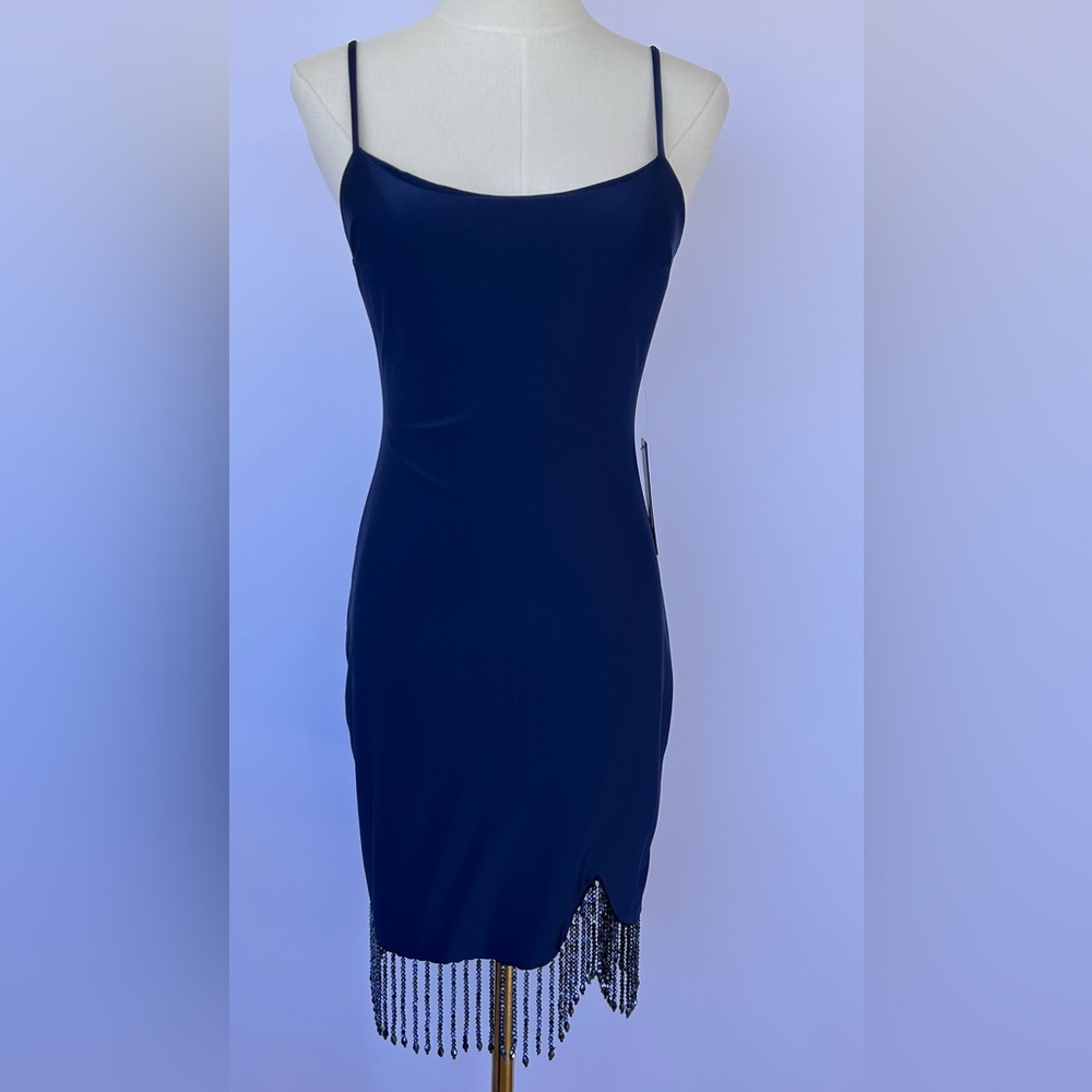 City Vibe Women’s Beaded Fringe Mini Dress Body Con Adjustable Strap Navy Size 3